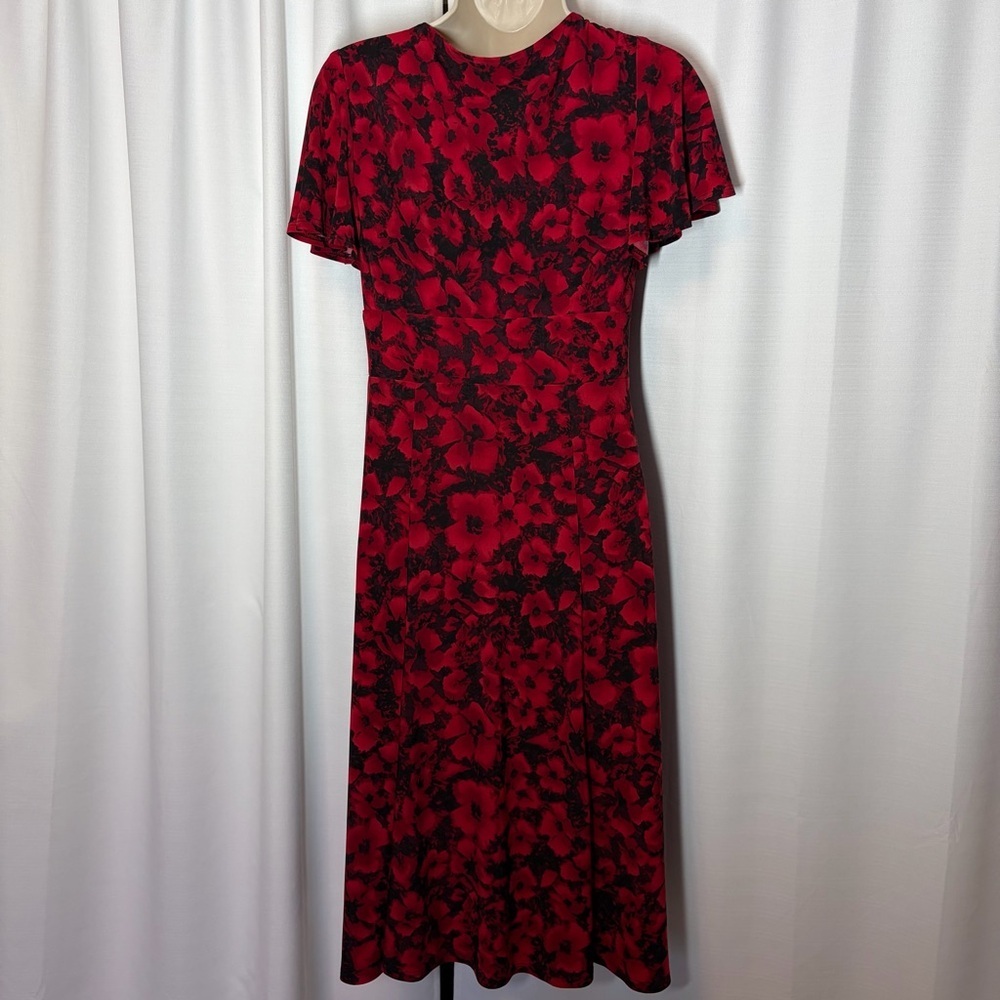 Chaps Dress Dark Floral Red Flutter Sleeve Midi Office Fit Flare Surplice S - Picture 6 of 14